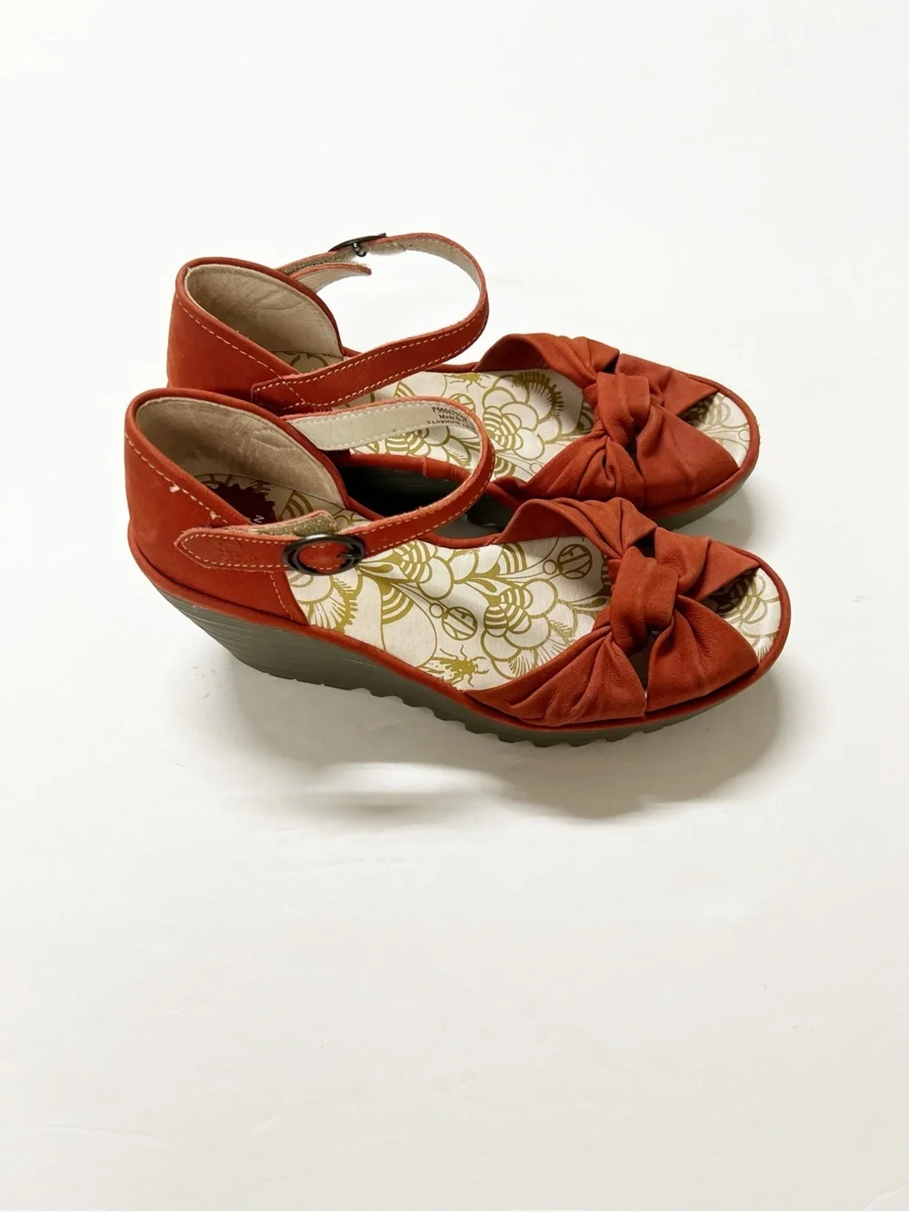 FLY London Womens Red Bow Toe Ankle Strap Leather Wedge Yoel Sandals Size 38